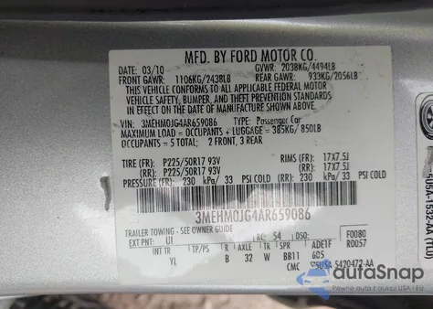 2010 Mercury Milan Premier из США, поврежденный, VIN 3MEHM0JG4AR659086